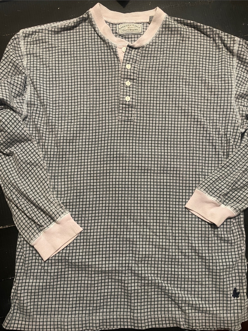Long-Sleeve Henley Shirt in Blue Check with Pink Trim -American Eagle Outfitters